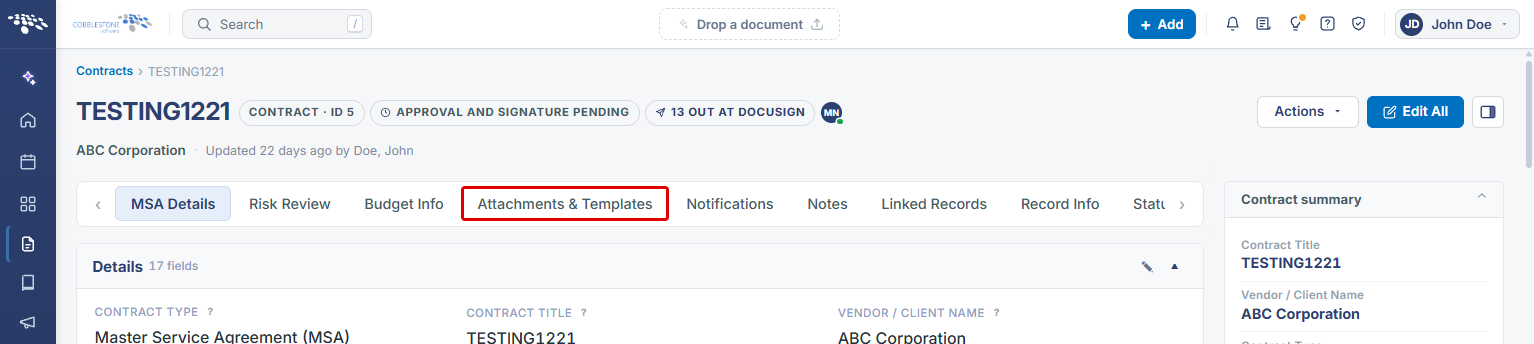 Contract record with the Attachments & Templates tab highlighted