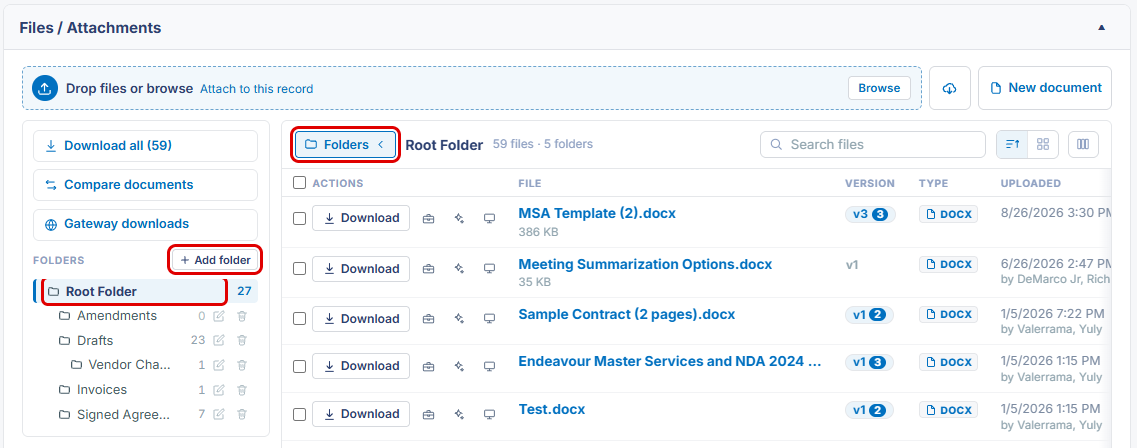 Files / Attachments panel with the Folders toggle, + Add folder, and Root Folder highlighted