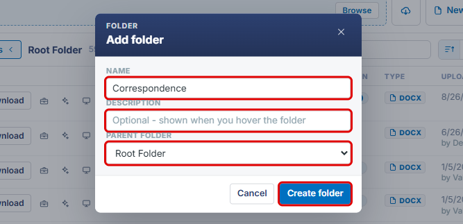Add folder window with Name, Description, Parent Folder, and Create folder highlighted