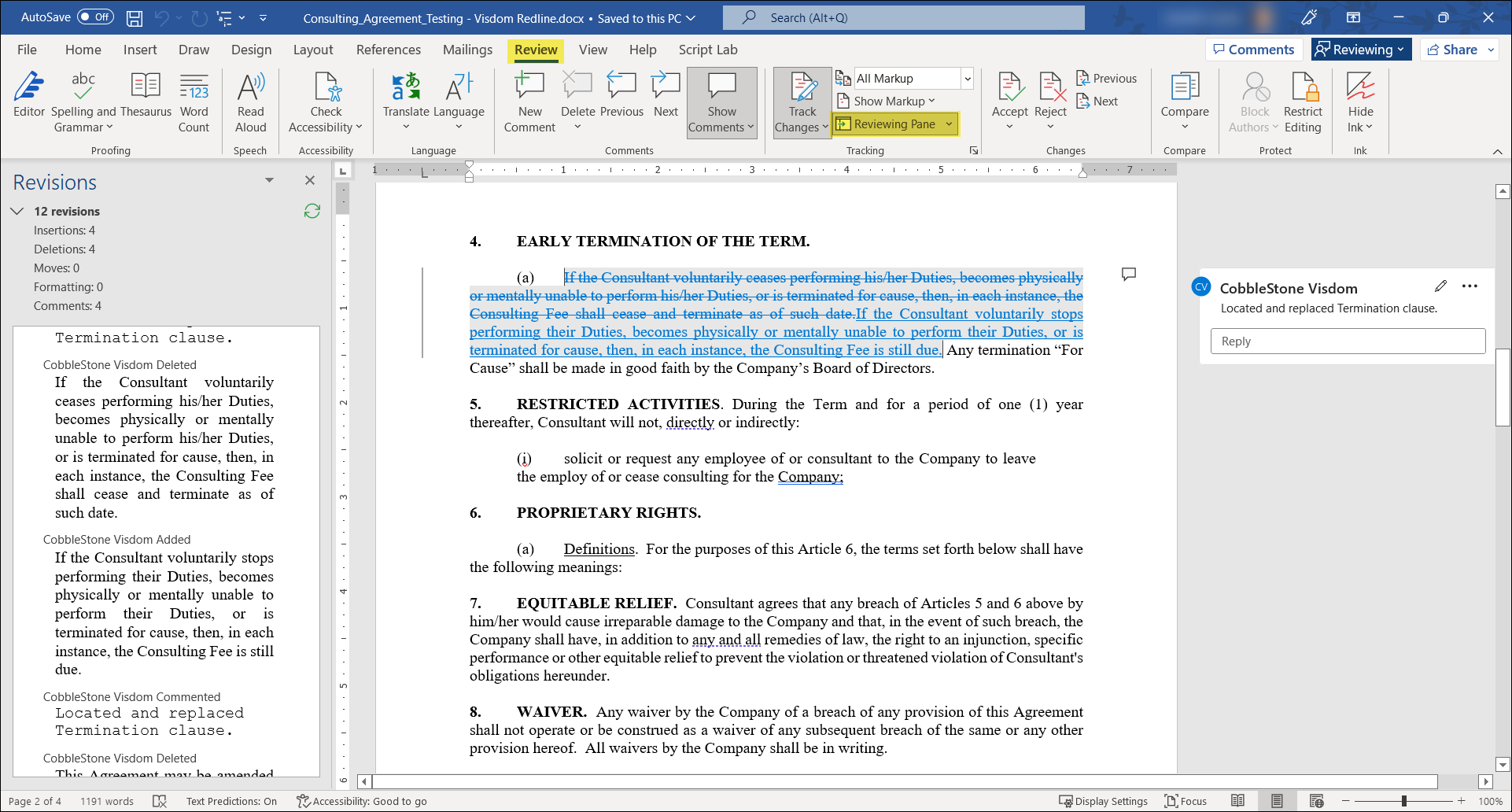 Ensure Reviewing Pane is selected on the Review tab to see the list of revisions and redlines in the document.