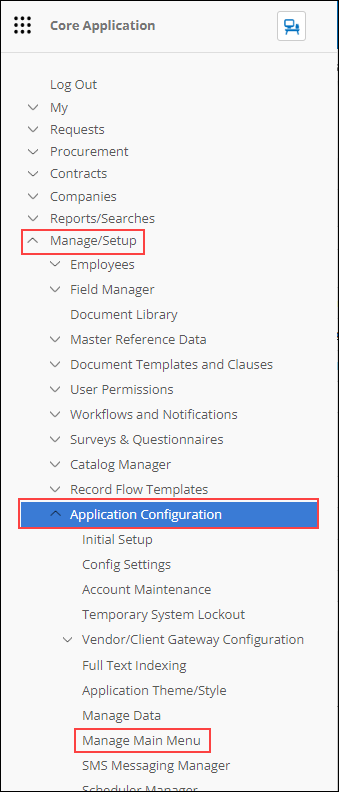 Graphic User Interface Side menu - Navigate to Manage Main Menu