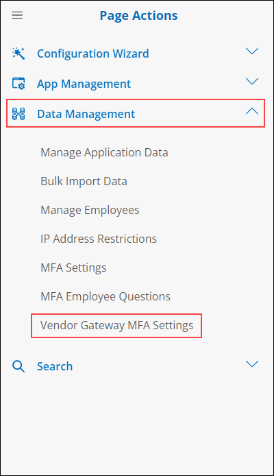 User Interface Graphical Description Side menu  Vendor Gateway MFA Settings