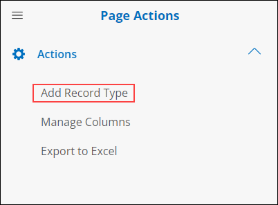 Graphical User Interface, text, Page Actions Side Menu, Add Record Type