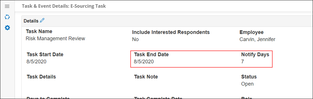 Graphical User Interface, text, Task & Event Details: E-Sourcing Task Record - Task End Date and Notify Days
