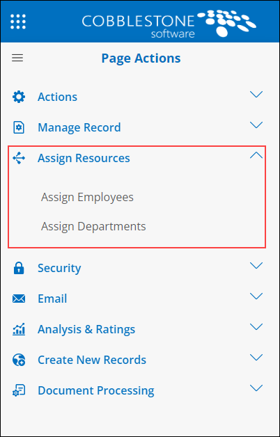 Graphical User Interface, text, Side Menus - Assign Resources , Assign Employees or Assign Departments
