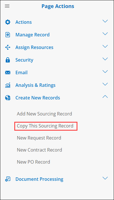 Graphic User Interface, text, Side menu, Copy This Sourcing Record