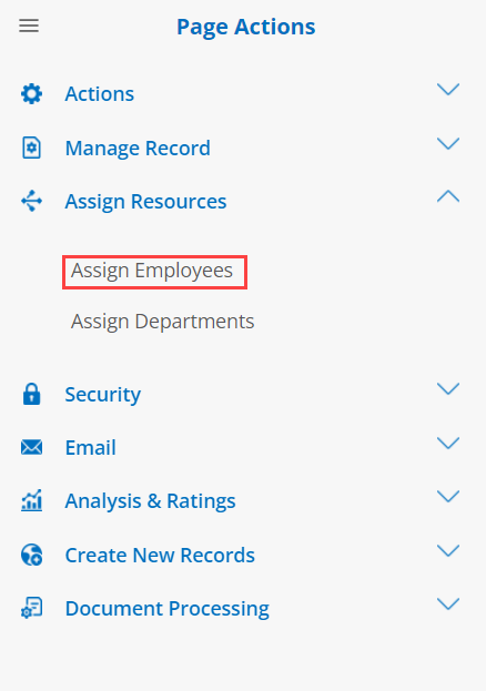 Graphic User Interface, text, Side Menu, Page Actions - Assign Employees