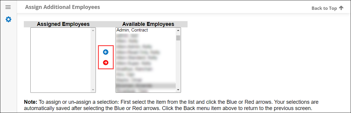 Graphic User Interface, Assign Additional Employees Multi Select Box, Assigned Employees on left, Available Employees on Right