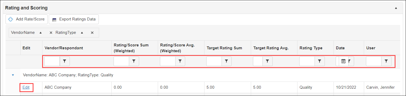 Graphic User Interface, text, Rating and Scoring Sub-table filter options