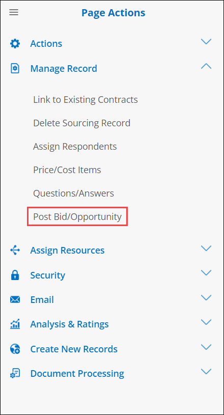 Graphic User Interface Side menu - Manage Record - Post Bid/Opportunity