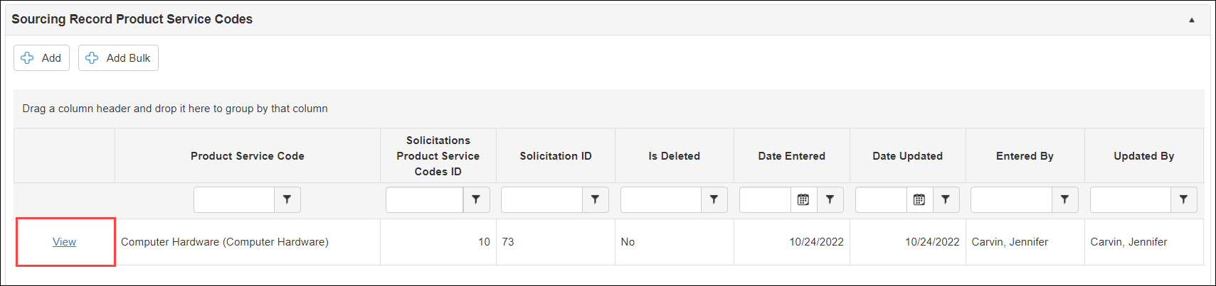 Graphic User Interface -  Sourcing Record product Services Codes table - View Producst service code page