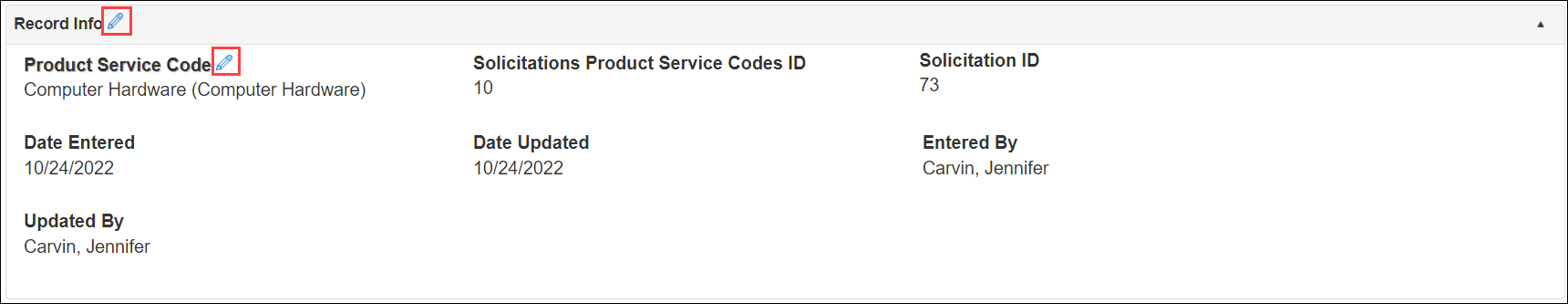 User Graphic Interface - Product Service code view, Pencil Icon to Edit Details