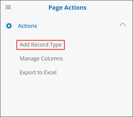 Graphic User Interface Side Menu Page Actions - Add Record Type