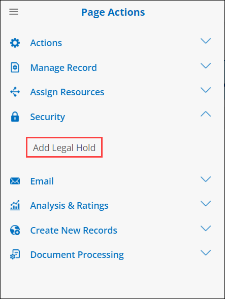 Graphic User Interface Side Menu Actions" Add Legal Hold option
