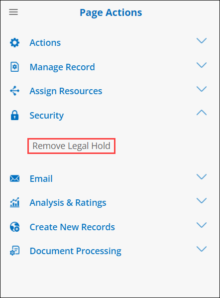 Graphic User Interface Side Menu Actions" Remove Legal Hold option