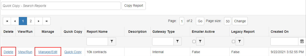 Delete and Manage buttons on Report List