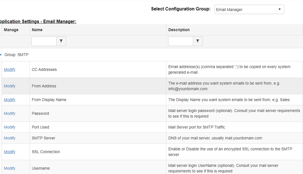 Set Configuration Group: Dropdown to Email Manager