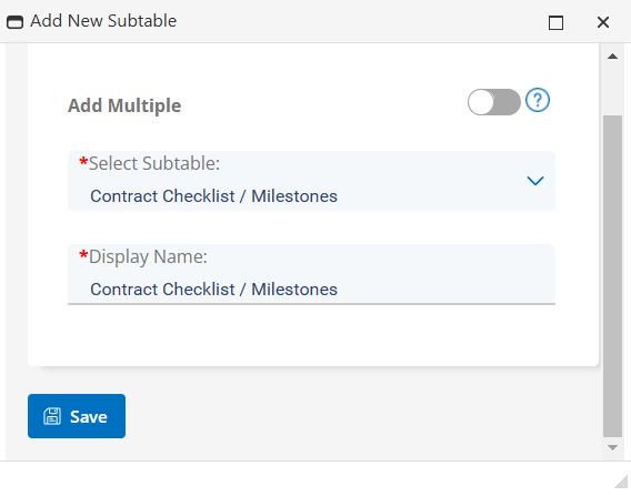 Select your subtable using this window.