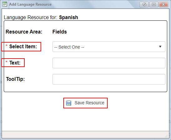 The Add Language Resource popup. Select Item and Text are highlighted
