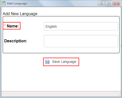 The Add Language popup. The Name field and Save Language button are highlighted.