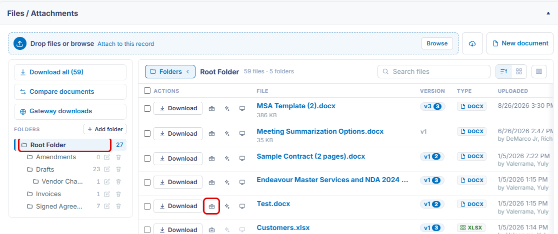 Files / Attachments panel with Root Folder and a file's Document tools icon highlighted