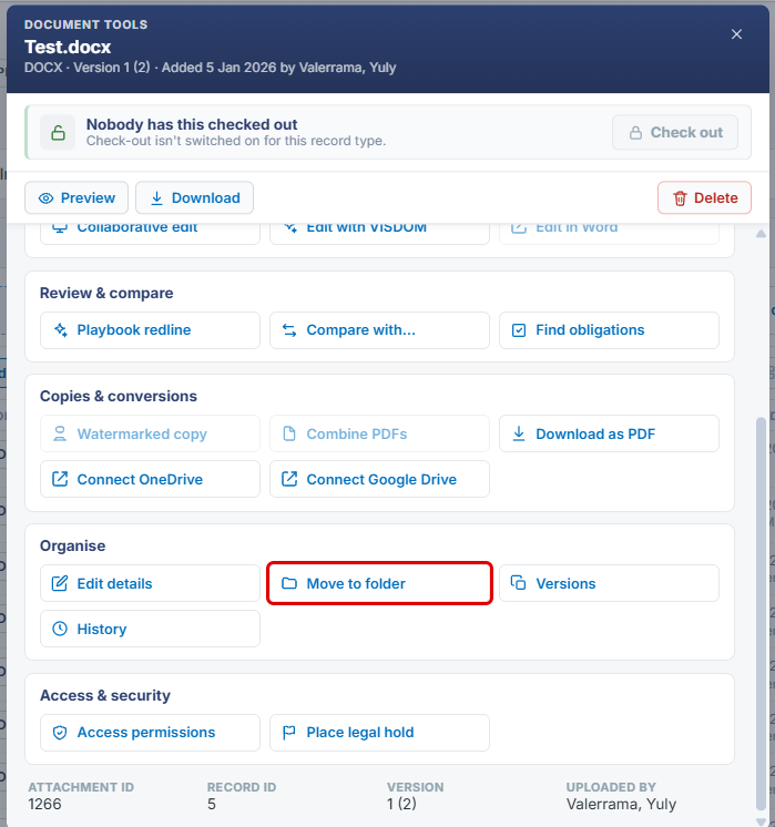 Document Tools window with Move to folder highlighted in the Organise section
