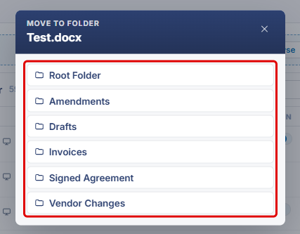 Move to Folder window with the list of destination folders highlighted