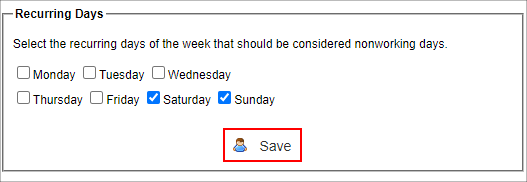 The Recurring Days box. Saturday and Sunday are checked and the Save button is highlighted.