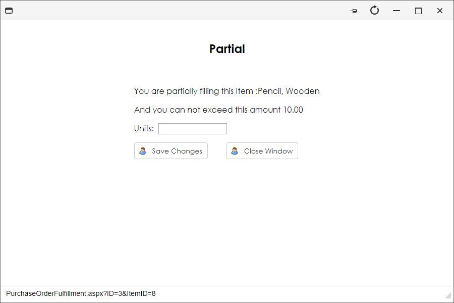 When receiving additional items for a line item, the pop-up window shows the amount remaining for the purchase order.