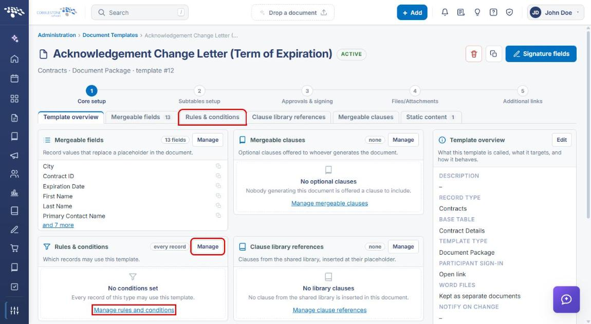 Template overview with Rules and conditions tab and Manage buttons highlighted
