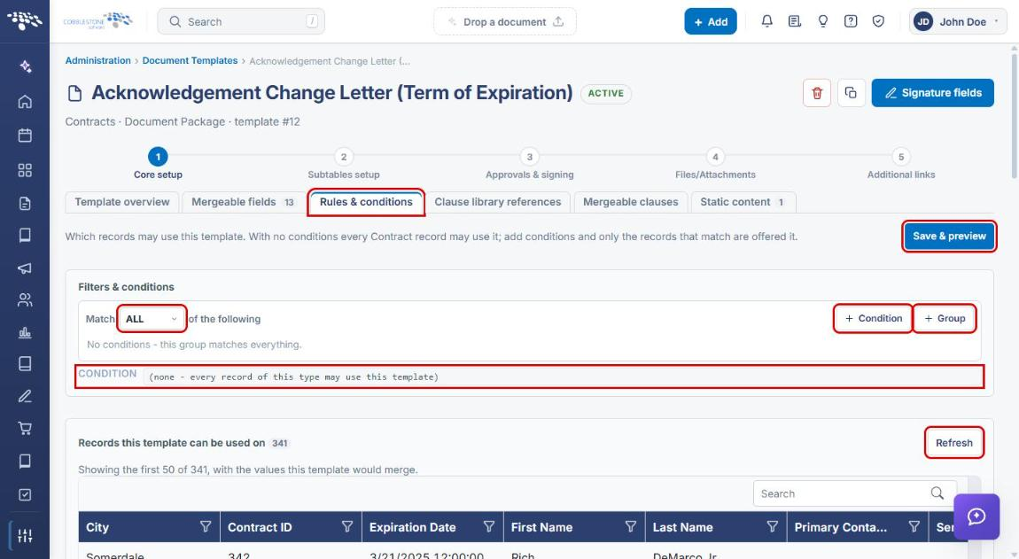 Rules and conditions tab with Match, Condition, Group, CONDITION, Refresh and Save and preview highlighted