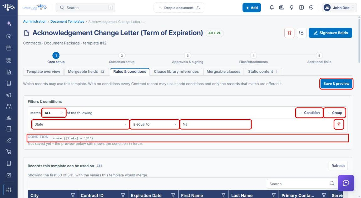 Condition row with field, operator, value, delete icon, CONDITION preview and Save and preview highlighted