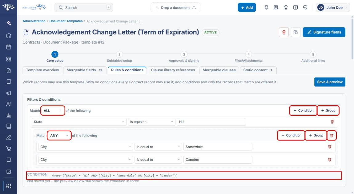 Nested group with Match ANY, group Condition and Group buttons, group delete icon and CONDITION preview highlighted