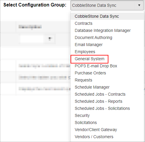 The Config Settings dropdown menu. General System is highlighted.