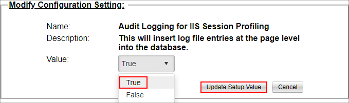 Modify Configuration Setting box. The value dropdown box and Update Setup Value button are highlighted.