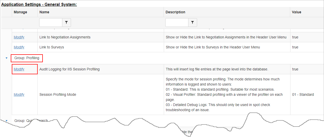 The Profiling Group in the General System Application Settings. The Modify link in the Audit Logging for IIS Session Profiling setting is highlighted.