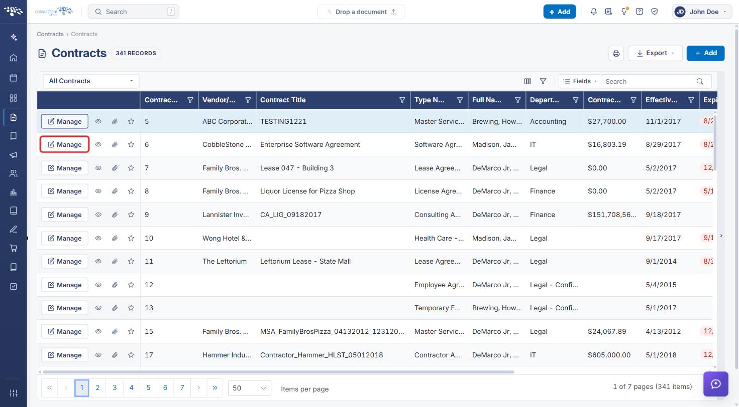 Contracts list with the Manage button highlighted