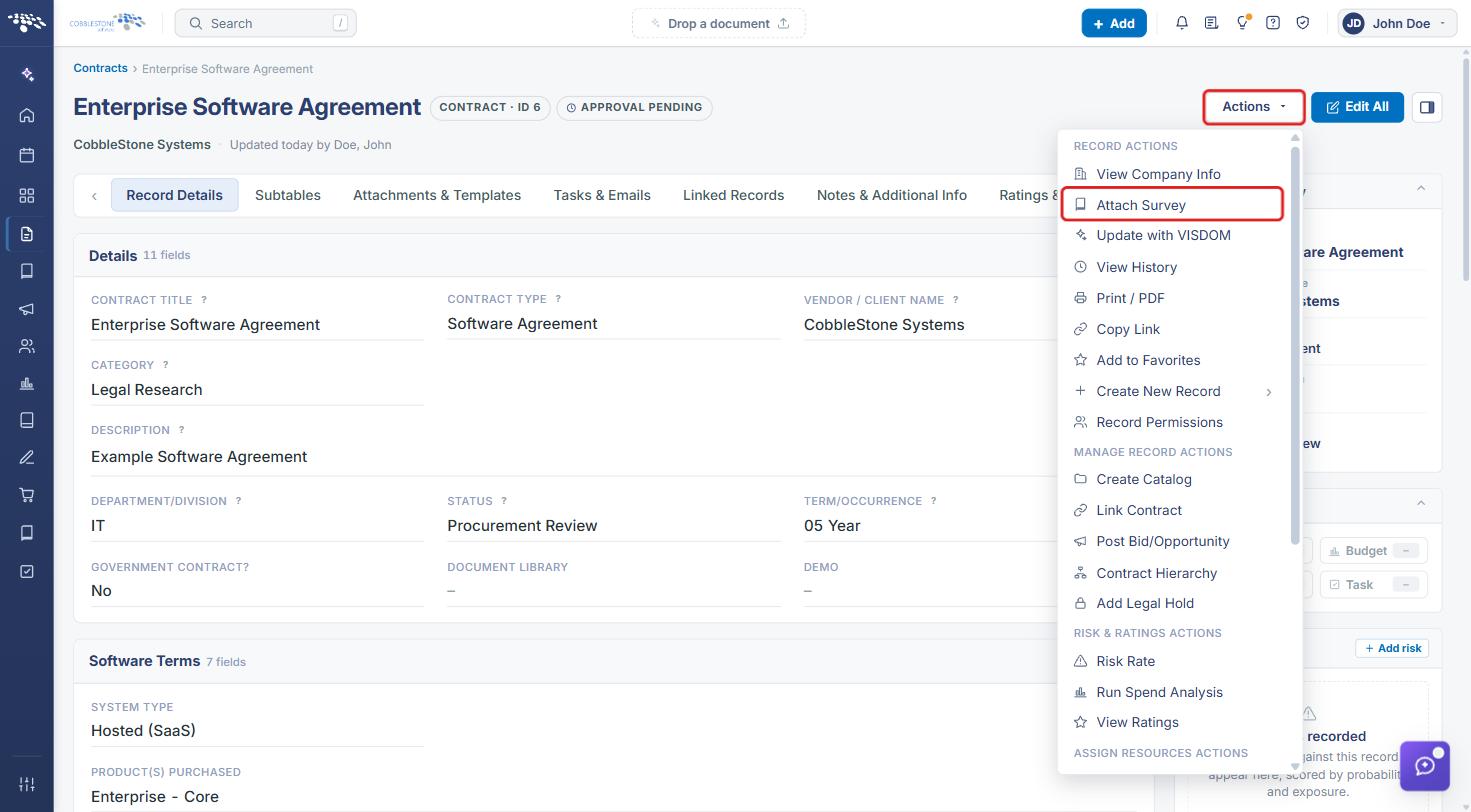 Record Actions dropdown with Attach Survey highlighted