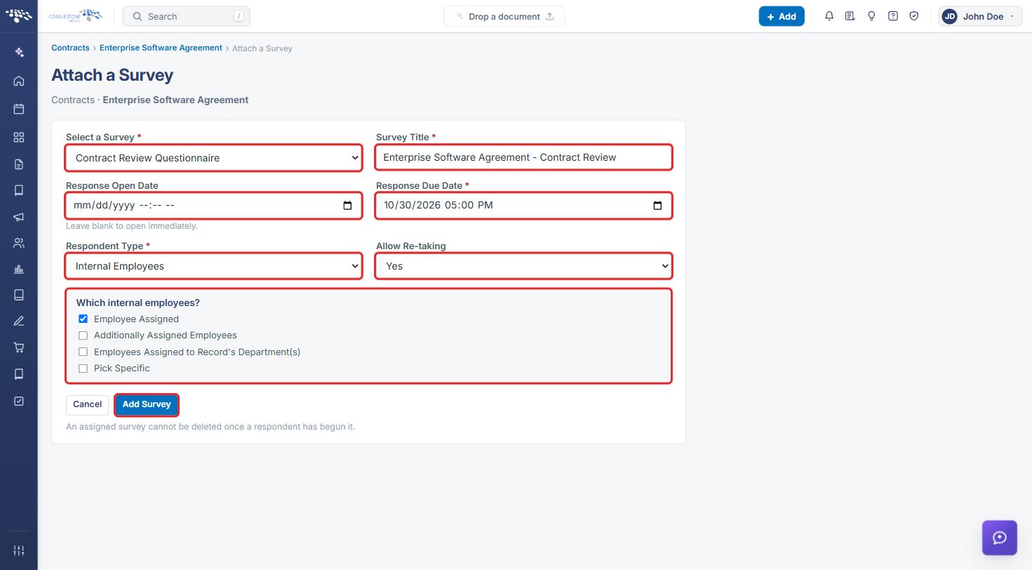 Attach a Survey form with all fields and the Add Survey button highlighted