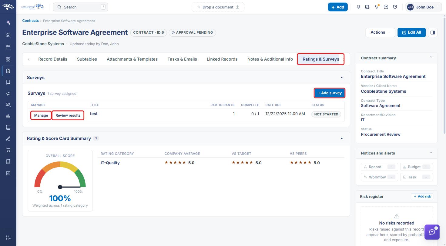 Ratings & Surveys tab with Add survey, Manage, and Review results highlighted
