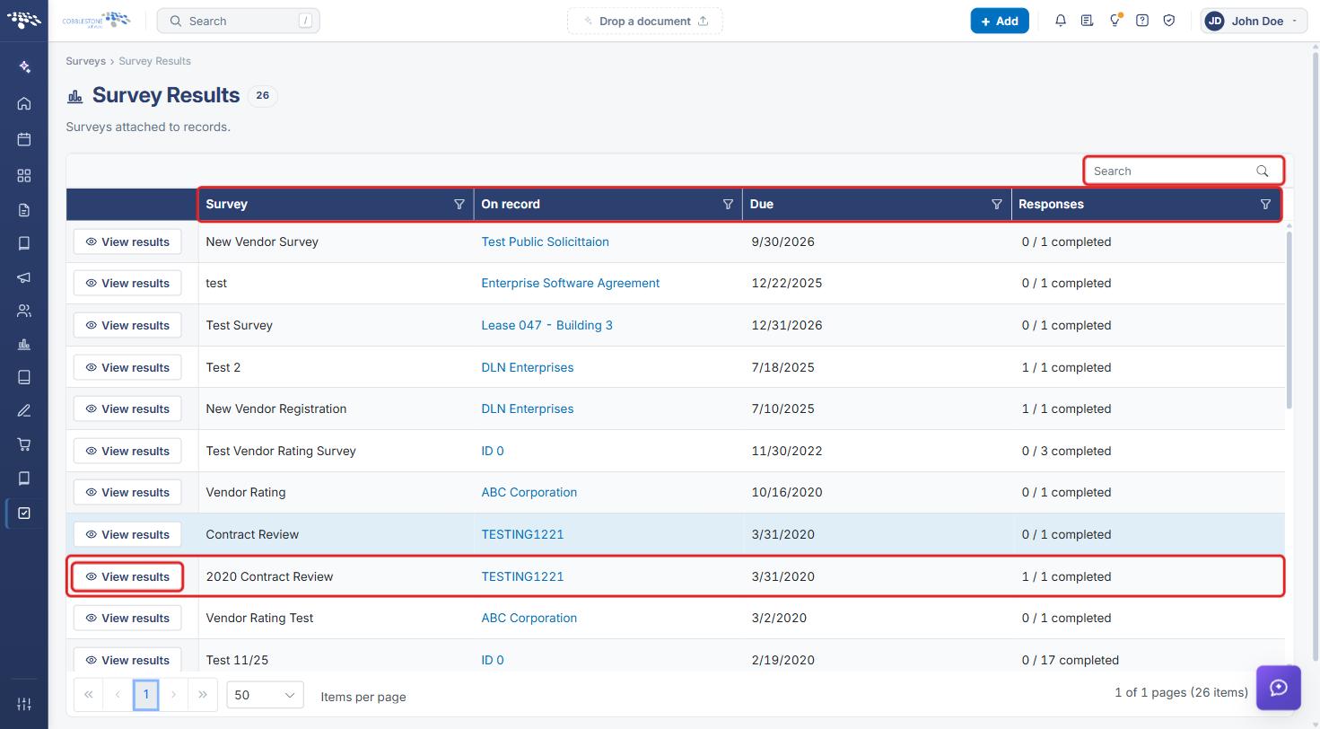 Survey Results list with Search, column headers, and View results highlighted