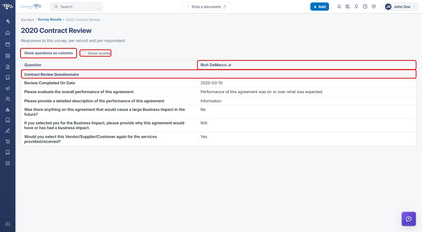 Survey results grid with Show questions as columns, Show scores, respondent column, and section row highlighted