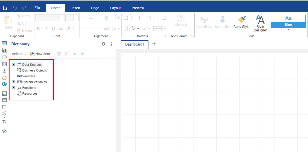 The Dashboard designer page. The Data Sources, Business Objects, Variables, System Variables, Functions, and Resources options on the left side actions menu are highlighted.