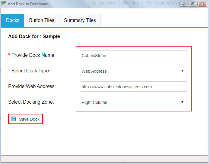 An Add Dock to Dashboard pop-up window to create a link to CobbleStone®systems.com in the right column