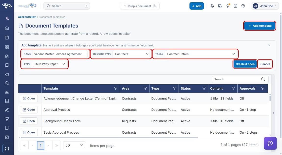 Add template form with Name, Record type, Table, Type set to Third Party Paper, Create and open and Cancel highlighted