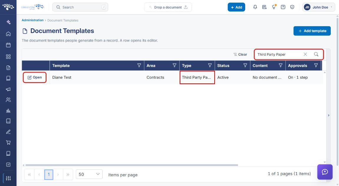 Document Templates grid searched for Third Party Paper with Search, Open and Type highlighted