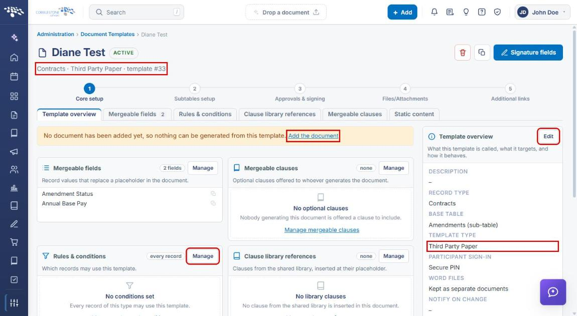 Third Party Paper template overview with template type, Add the document link, Edit and Rules and conditions Manage highlighted