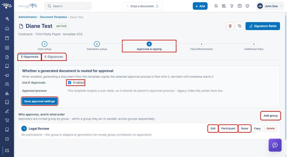 Approvals and signing step with E-Approvals and E-Signatures tabs, Enabled, Save approval settings, Add group, Edit, Participant and Rules highlighted