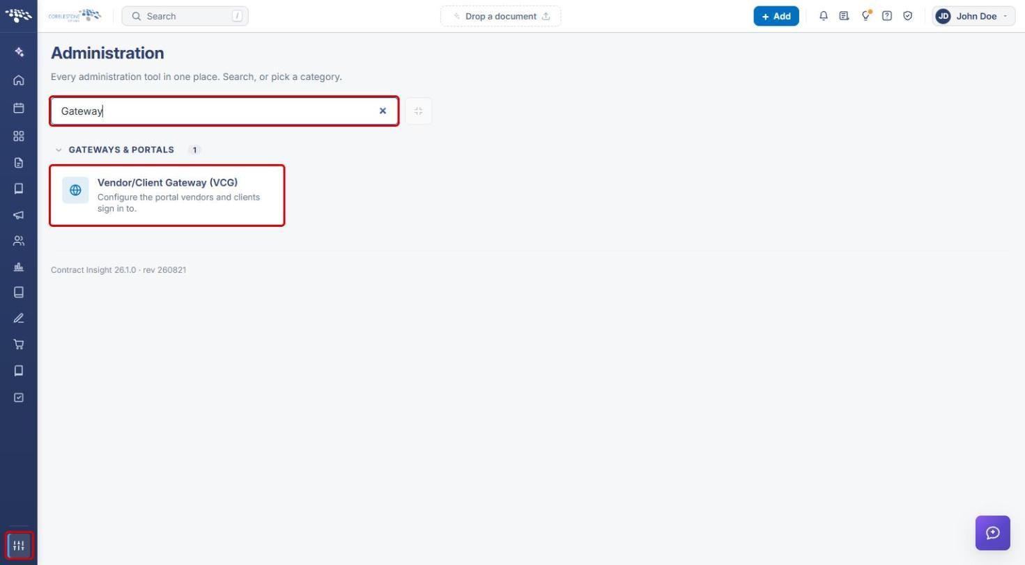 Administration page with the Gateway search and Vendor/Client Gateway (VCG) tile highlighted
