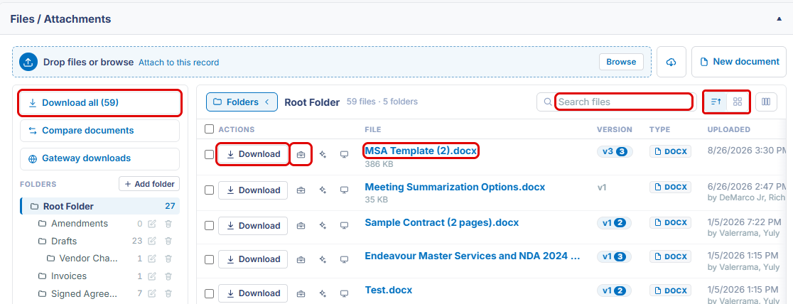 Files / Attachments panel with Download all, Search files, list/tile view toggles, Download, Document tools, and the file name highlighted